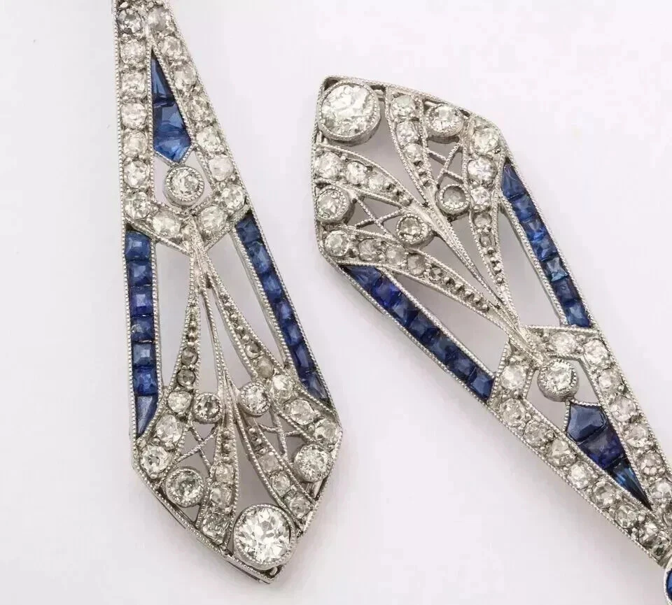 Art Deco Style Lab Created Diamond & Sapphire Dangle 14k White SILVER Earrings - Image 2 of 4