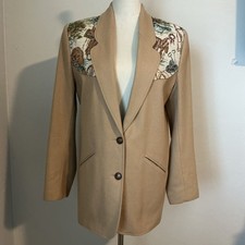 Vintage 80s Tan Wool Single Breasted Blazer Cowboy Tapestry Accents USA Sz M