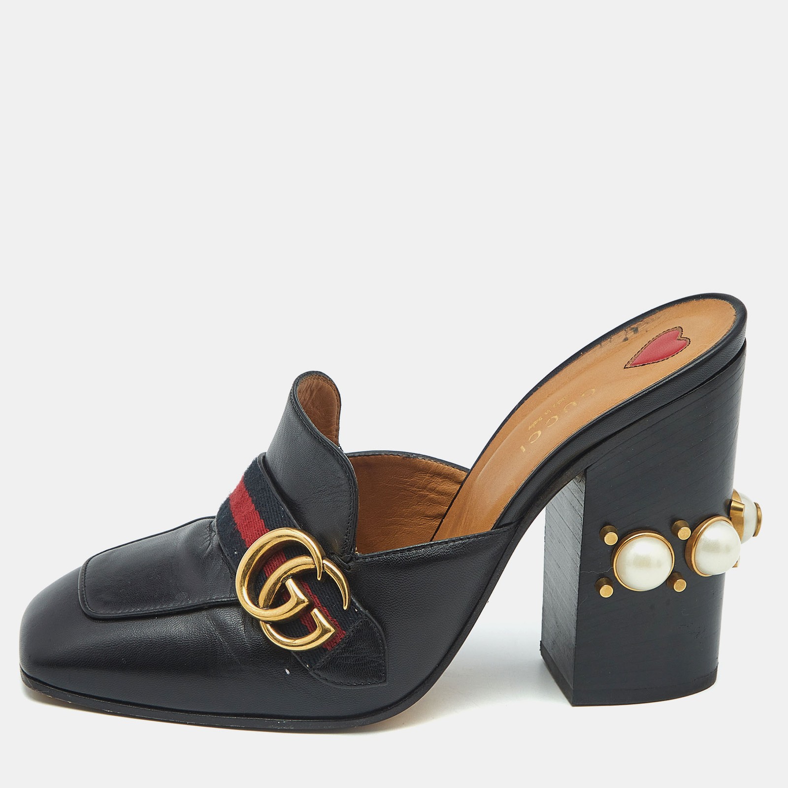 Gucci Black Leather GG Pearl Embellished Web Detail Loafer Mule Sandals Size 40