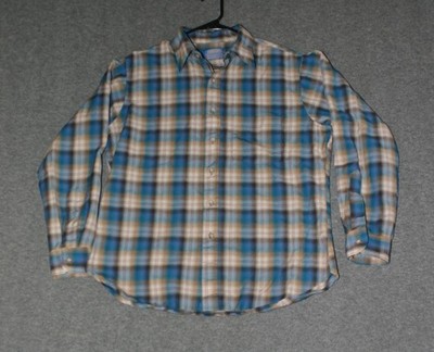 Pendleton Men s 100% Wool Long Sleeve Button Down, Brown & Blue Plaid, Size L