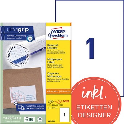 AVERY Zweckform Etiketten 3478-200 weiß 210,0 x 297,0 mm, 220 Blatt