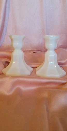 Vintage Anchor Hocking Milk Glass Octagon Taper Candle Holders (2) 4.5"