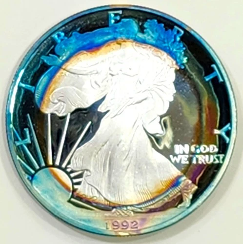1992-S GEM Proof  Silver Eagle Deep Cameo Stunning Rainbow Color Toned