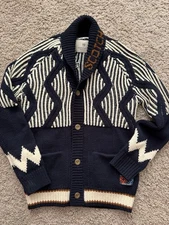 Scotch & Soda Knit Cardigan Navy Blue Cream Mustard Boys Sz 10 ‘Art Maker’