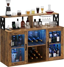 Wine Cabinet Brown,Farmhouse Bar Cabinet w Wine Rack,Glass Shelves&Power Outlets