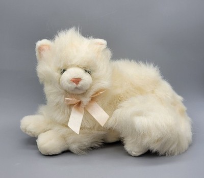 vintage White Persian fluffy blue eye pink ribbon cat kitty plush P3