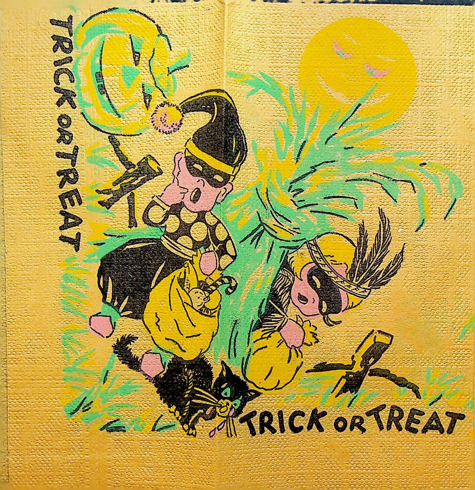 Trick or Treat Vintage Halloween Napkin Black Cat Jack O'Lantern | eBay