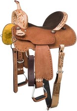 15" Western Roughout Leather Barrel Saddle - Tooled Leather - Reno by Royal King