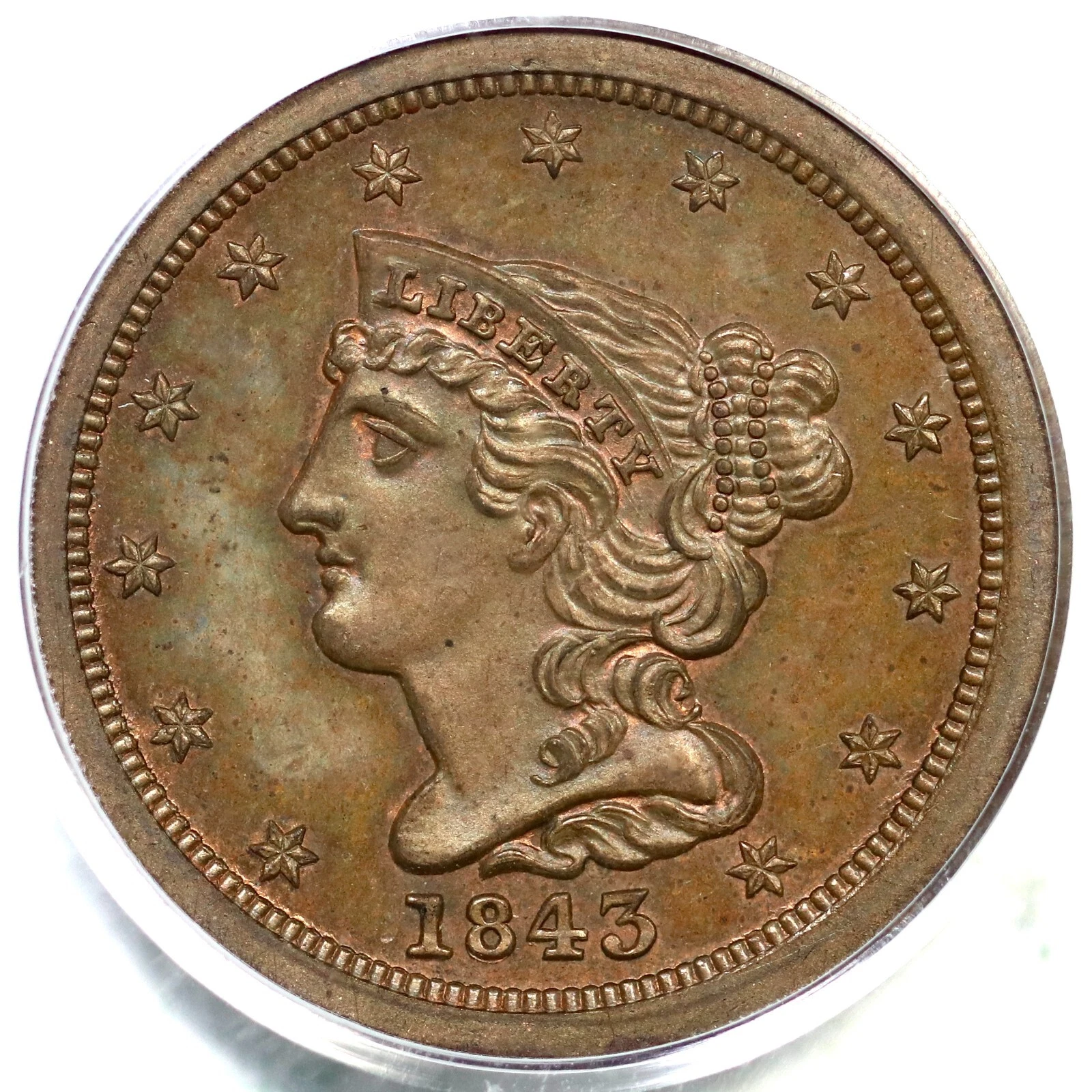 1843 Breen 1-A R-5+ PCGS PR 66 BN CAC Original Braided Hair Half Cent Coin 1/2c