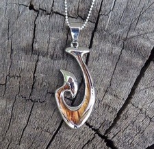 Hawaiian Koa Wood Jewelry Fish Hook Scroll Rhodium Plated Brass Pendant BRP1073