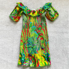 FARM RIO SMOCKED MULTICOLORED DRESS WITH BEADED TASSELS SIZE SMALL RESORT CHIC