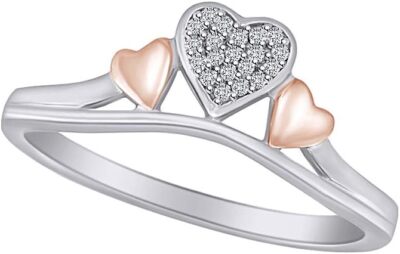 Natural Diamond Accents Two Tone Triple Heart Promise Ring in Sterling Silver