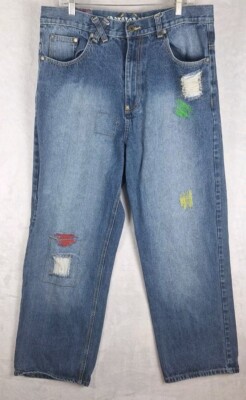 Akcess Lab Wide Baggy Leg Skate Rave Y2K Style Jeans 36x32 Colorful Stitch