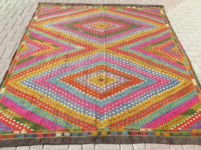 Area Rugs, Vintage Turkish Rug, Wool Kilim, Embroidery Handmade Kelim 80''x94''