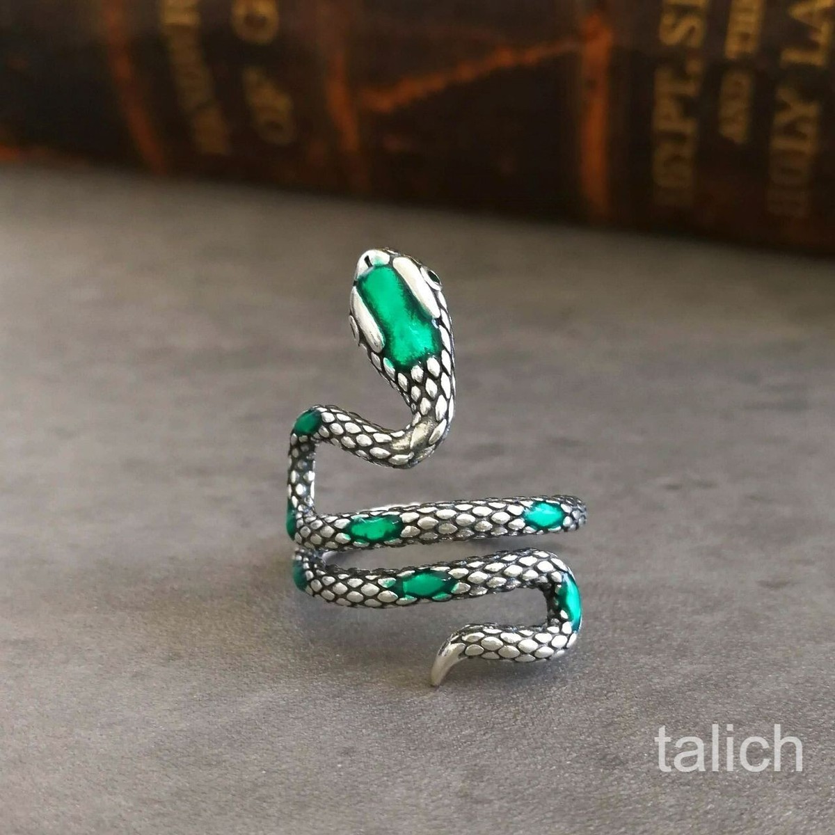 925 Sterling Silver Green Enamel Snake Serpent Ring Adjustable 