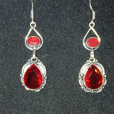 925 Silver Garnet And Simulated Ruby Earings.  Large Garnet Dangling Style