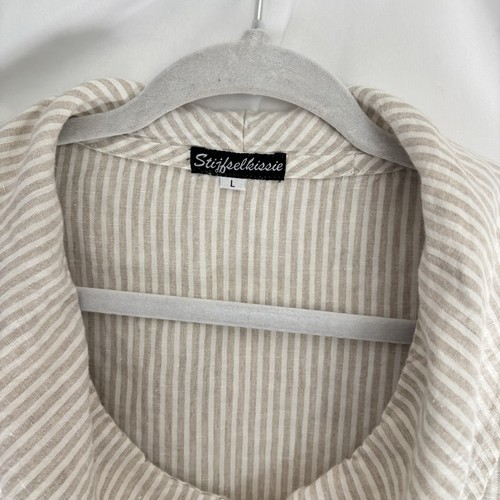 Stijfselkissie 100% Leinen Top Damen L hellbraun weiß Wasserfallausschnitt 3/4 Arm Lagenlook - Bild 3 von 11