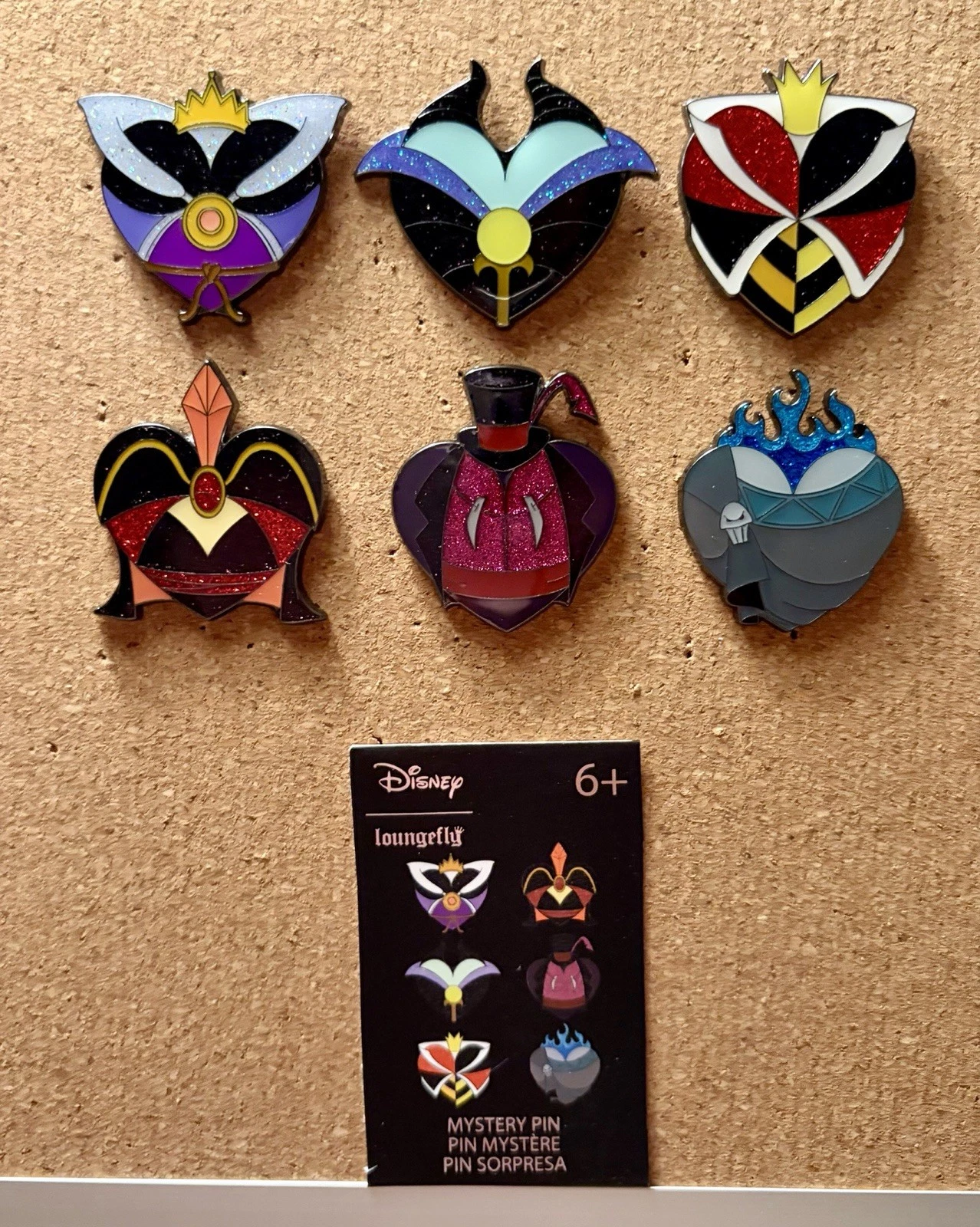COMPLETE SET - Loungefly Disney Villains Glitter Heart Enamel Pin Set