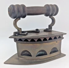 Antique Brass Sad Iron Latched Opening Wood Handle Coal Iron