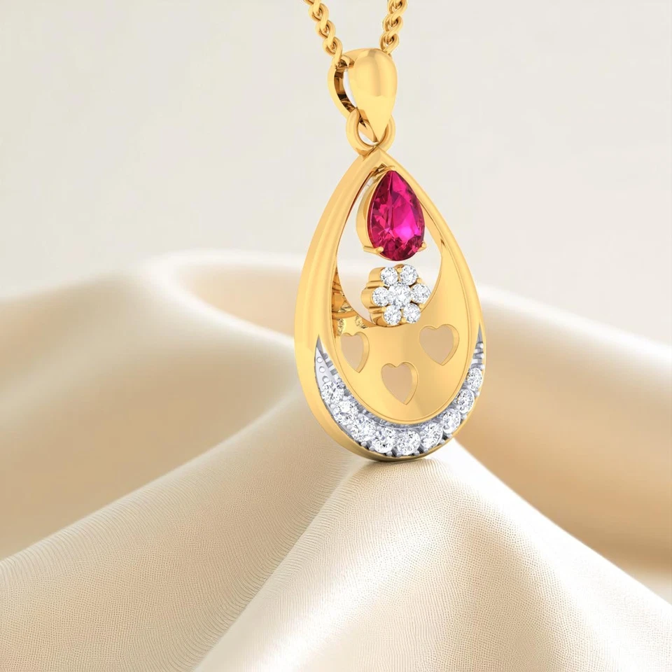 Pave 1.10 Cts F/VS1 Round Brilliant Cut Natural Diamonds Ruby Necklace 14K Gold - Image 2 of 4