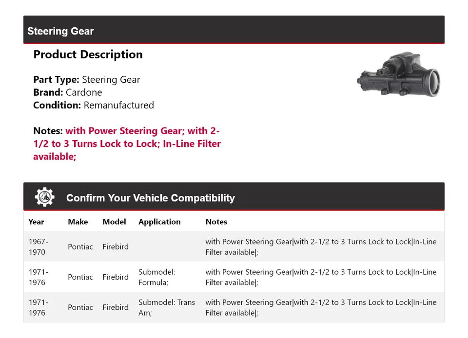 Engranaje de dirección Cardone para Pontiac Firebird 1967-1976 1968 1969 1970 1971 1972 Foto 2 de 4