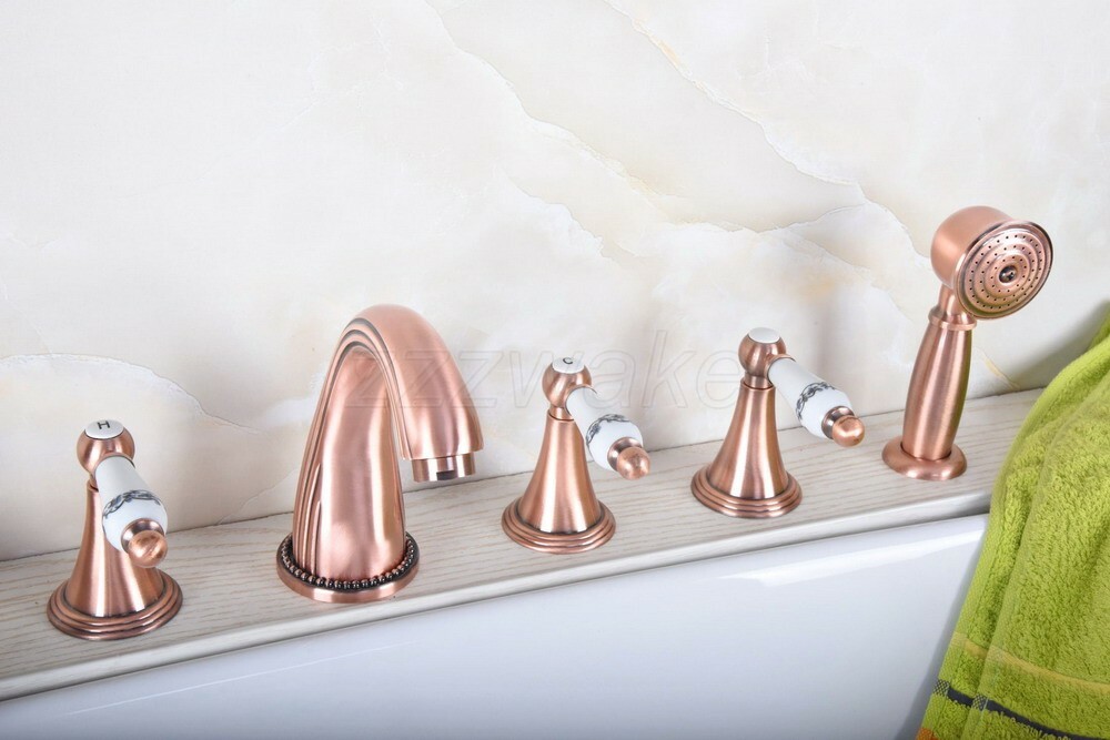 Antique Red Copper Deck Mounted 5 Holes Roman Bathtub Faucet