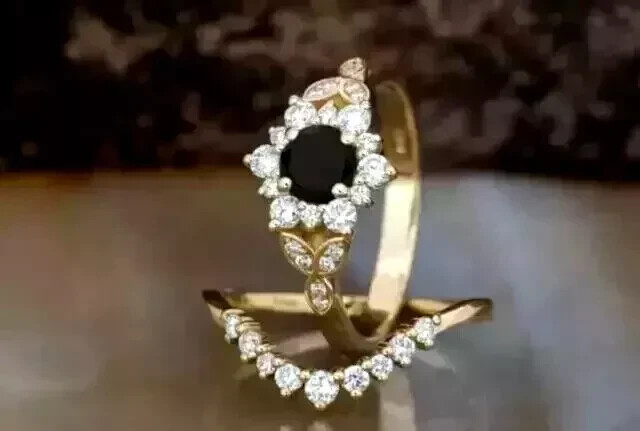 Round Cut Simulated Black Diamond Womens Bridal Ring Set 14k Yellow Gold Plated