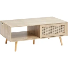 42 Inch Modern Boho Style Two Layers Storage Coffee Table Rattan Coffee Table