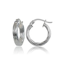 Sterling Silver 3mm Twist Design Polished Hoop Earrings, 15mm