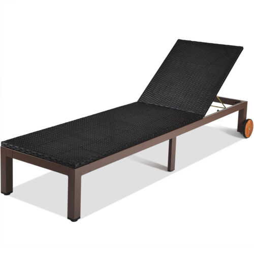 Patio Rattan Lounge Chair Chaise Recliner Back Adjustable Cushioned W/Wheels - Picture 12 of 12