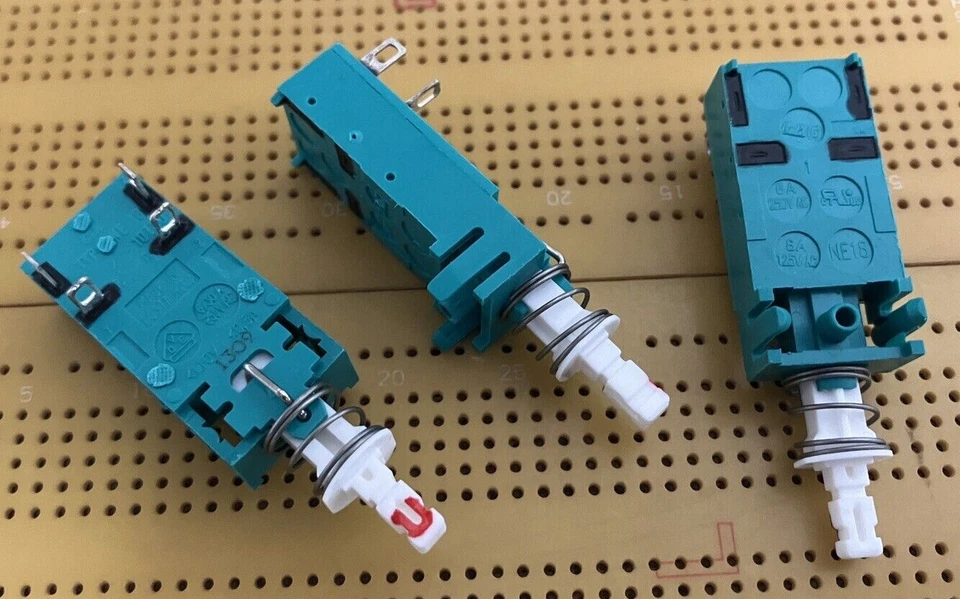 C&K / ITT INDUSTRIES 6A 250Vac DPST Off-On Push Button Mains Power Switch C&K NE18 PCB Solder Lugs