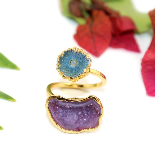 Natural Light Pink Geode Druzy Blue Solar Quartz Gold Electroplate Boho Rings