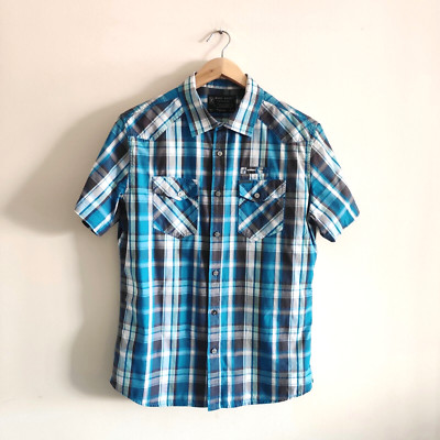 Marc Ecko Cut & Sew Herren Hemd M Kurzarm kariert waschbar Baumwolle türkis