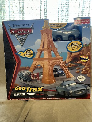 Disney Pixar Cars 2 GeoTrax Eiffel Tire Tower Crash With Finn McMissle 2010 NEW