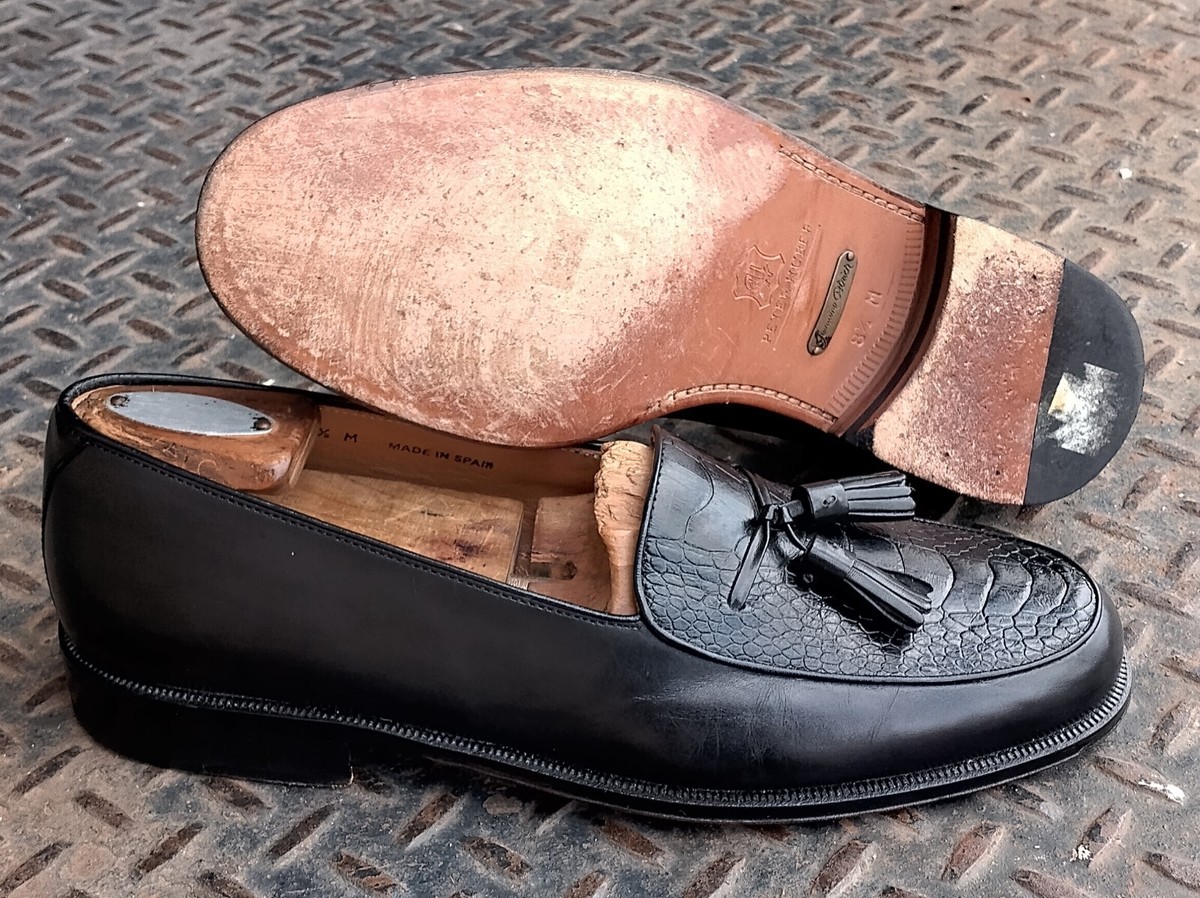 Peter Huber Ostrich Leather Sz 8 1/2 Tassel Loafers Cognac Brown Made in Italy Peter Huber – M. Dumas and Sons main image 2
