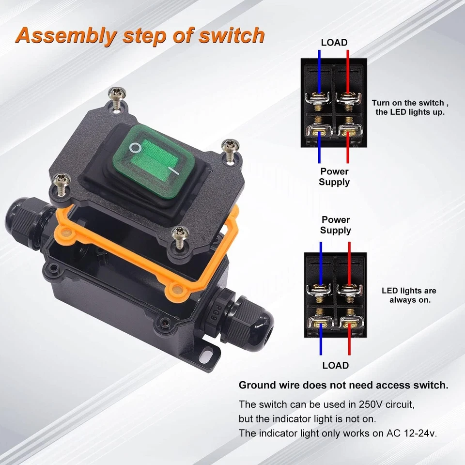 Переключатель 12 В IP67 водонепроницаемый встроенный шнур переключатель ON/OFF30A 24 В/12 В зеленый светодиод... - Изображение 3 из 4