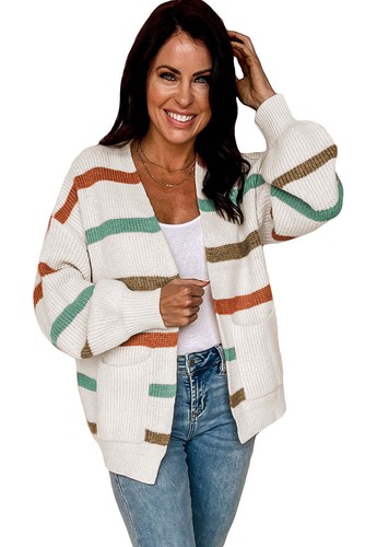 Beige Drop Shoulder Pocketed Stripe Sweater Cardigan - Picture 7 of 8