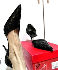 New in Box~MIU MIU~Lace Pattern Leather Trim D'Orsay Pumps~Black, 37.5 (like 38)