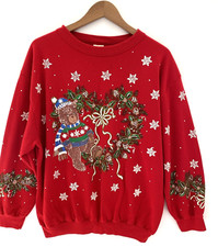 HOLIDAY TIME Vintage Ugly Christmas Sweater Sweatshirt Bear Snowflakes Glitter L