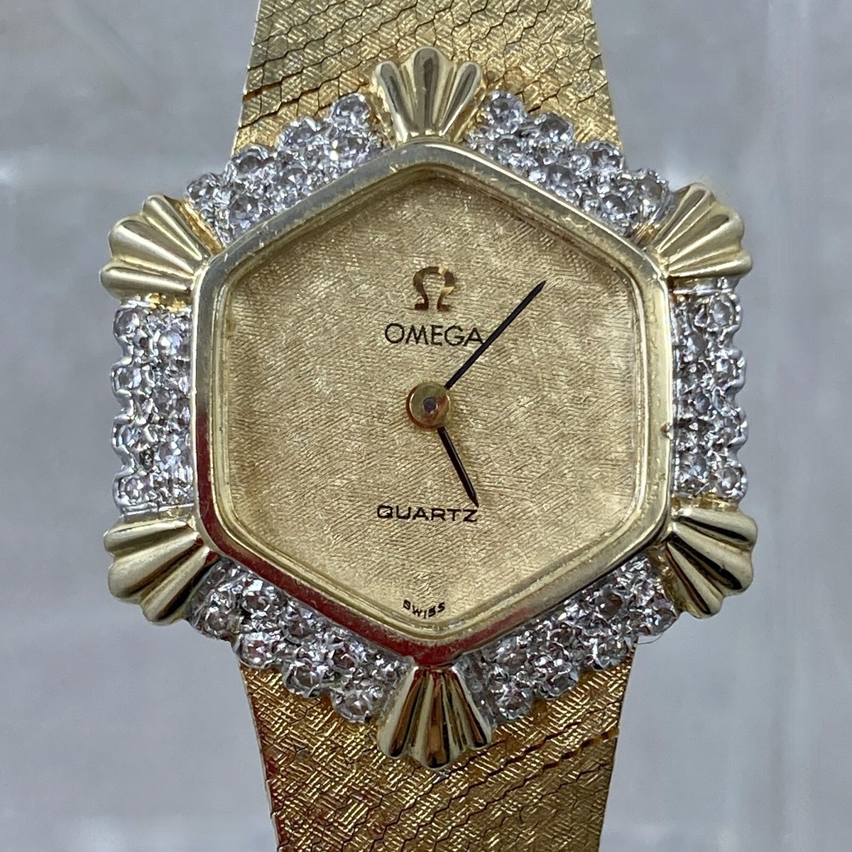 Hexagonal Omega Ladies 14K Bracelet Watch Diamond Bezel Quartz