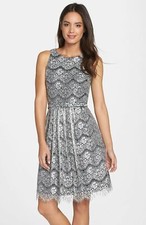 Eliza J Lace Overlay Cutout Fit & Flare Dress Petite Sz 6P Silver-Black