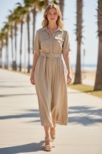 NEW H&M Beige/Tan Maxi Shirt Dress with Belt Small Viscose Resortwear Business