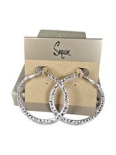 Sequin Women's Hammered Silver Plated Crystal Hoop Earrings NWT 2"