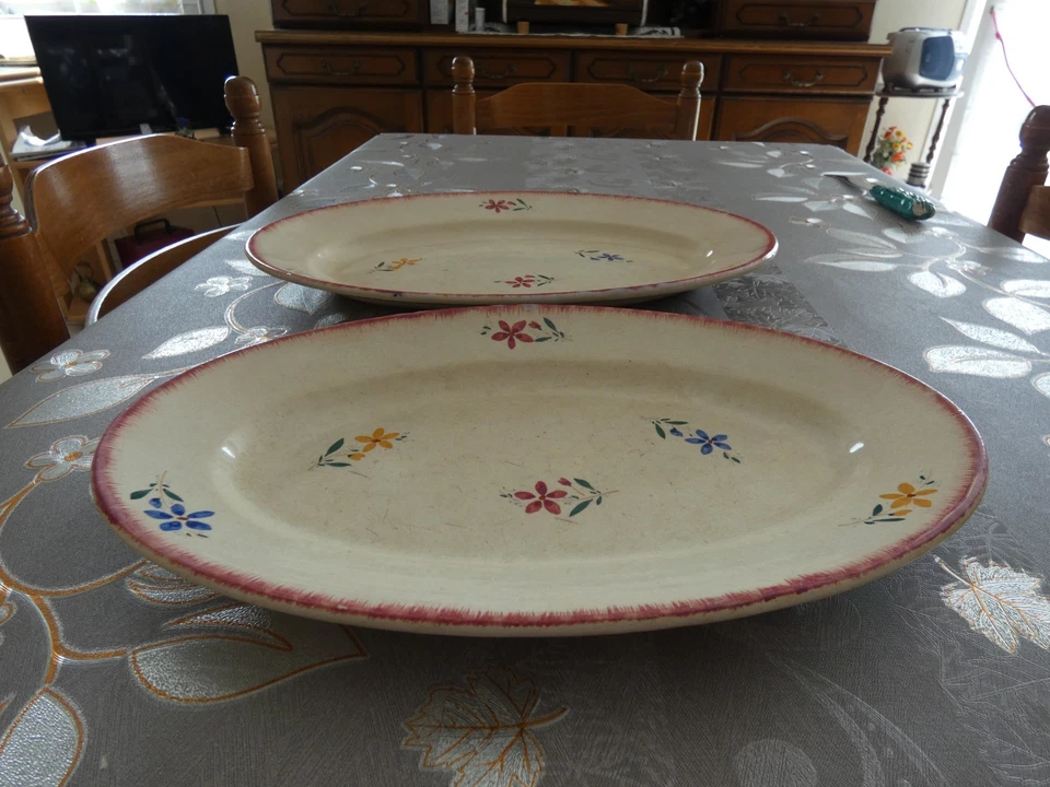 2 plats de service ovales ANCIENS CERAMIQUE EMAILLEE Décor floral GIVORS FRANCE - Photo 4/4