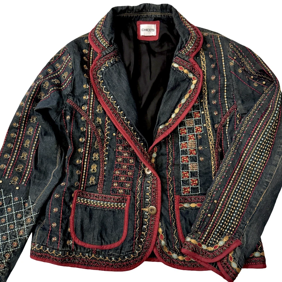 Chico’s Embroidered Denim Blazer Jacket Boho Festival Ethnic Statement Coat Med. - Image 2 of 4