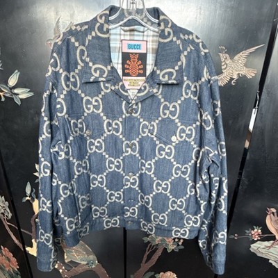 Gucci Logo Print Button Closure Blue Beige Men's Short Denim Jacket Size 52/XL