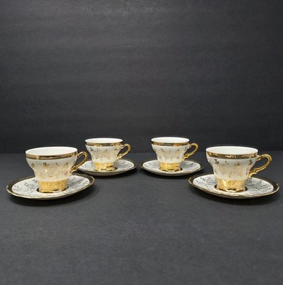 4 Vintage Sterling China Gold Trimmed Porcelain Demitasse Cups & Saucers Japan