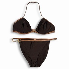 Y2K VTG Victoria s Secret Black Swim Bikini Halter Top Gold Hardware 36C Small