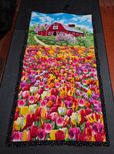 Handmade Quilted wall hanging Barn Tulips Flowers Floral Summer Spring Country
