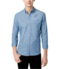 WHT SPACE Mens Printed Pocket Button Up Shirt, Blue, Small